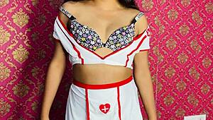 the indian nurse bends over in hospital to help erect my small cock with doggystyle sex and cum on small tits