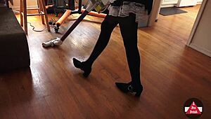 French Maid in Stockings Vacuums Skirt Upskirt Cosplay