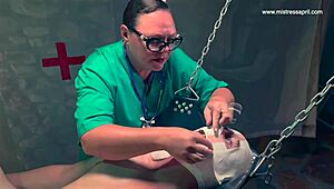 Nurse rosie squirms under mistress april's electro piercing pussy torment