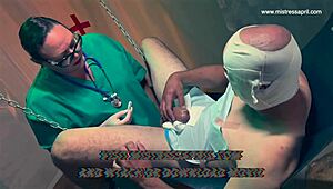 Nurse rosie squirms under mistress april's electro piercing pussy torment