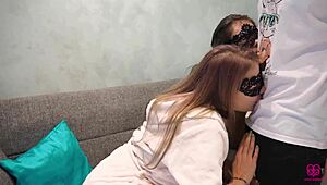 Two Sexy Wives Share a Juicy Cum-Filled Blowjob in MFF Threesome