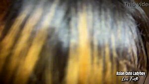 Cute Asian ladyboy in bondage strokes to cumshot! 😈👢💦