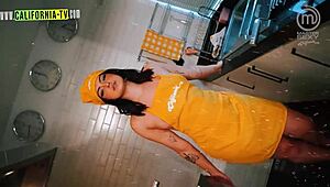 Clara Wellen opens door naked to motoboy, ready for sensual lesbian play?