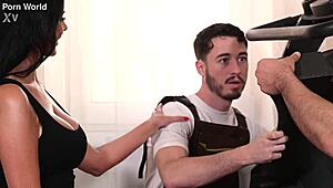 Bored housewife Ania Kinski gets double penetrated hard by repairmen in her gym shorts and lingerie