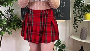 This hot milf teacher slips in her butt plug wearing stockings heels and glasses