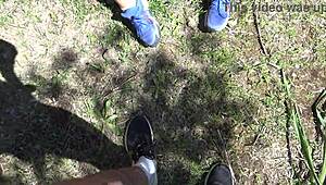 outdoor beach voyeur catches cougar's hairy pussy pissing in public pov then she spots him comic style