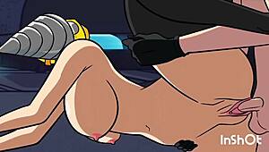 DRILLWOMAN begs for help but can't stop BIG COCK fuckin her BIG ASS TITS on TOILET monster nonstop