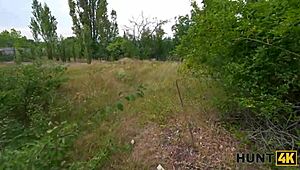 hunt4k. slutty brunette takes stranger's cock deep in passionate anal outdoors