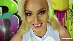 Blonde babe pulls out her big boobs and teases hard nipples