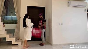 Delivery guy drops package and bends curvy tattooed latina over for hardcore anal creampie in her home pov