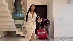 Delivery guy drops package and bends curvy tattooed latina over for hardcore anal creampie in her home pov