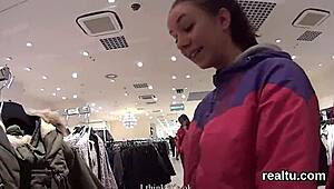 czech nympho bends over in shop for hardcore pov cock pounding after striptease