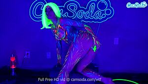 Jewelz Blu's body paint hides dildo play leading to big tit orgasm