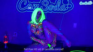 Jewelz Blu's body paint hides dildo play leading to big tit orgasm