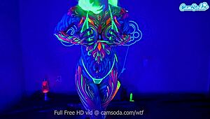 Jewelz Blu's body paint hides dildo play leading to big tit orgasm