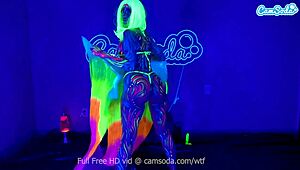 Jewelz Blu's body paint hides dildo play leading to big tit orgasm