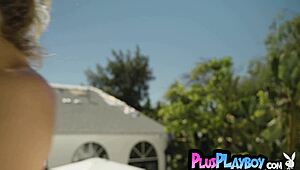 Blonde beauty bares her massive ass cheeks in steamy Playboy posing session