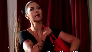 older babe corners tiny teen and teaches her with strap-on lesson