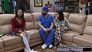 Dr Tampa inspects solana's shaved pussy in latex gloves for humiliating skirt exam