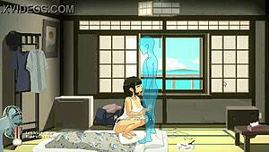 That hot brunette in hentai summer days game vacation drops for a steamy blowjob