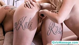 Kali Roses oils up and massages Aria Banks before fingering her pussy to orgasm in dorm