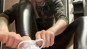 leather nylon socks cling to fetish girl's teasing feet in nylonfeet play