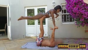 Big white cock pounds super tight ebony pussy outdoors yoga doggystyle