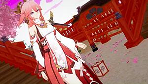 check out yae miko's huge feet giving intense footjob