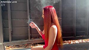 Whoa, big tits milf Artemisia smokes hot outdoors, tits bouncing free! 💨🍒