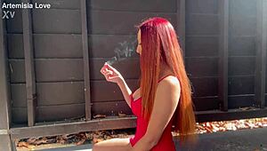 Whoa, big tits milf Artemisia smokes hot outdoors, tits bouncing free! 💨🍒