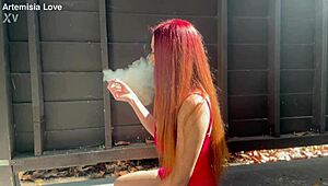 Whoa, big tits milf Artemisia smokes hot outdoors, tits bouncing free! 💨🍒