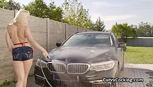 Busty bikini girlfriend craves cock post soapy car wash titty fuck!