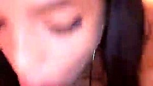 Spanish girlfriend kneels for throbbing cock suck. She gags deep on latina lips wrapped tight