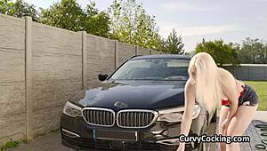 Busty bikini girlfriend craves cock post soapy car wash titty fuck!