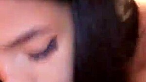 Spanish girlfriend kneels for throbbing cock suck. She gags deep on latina lips wrapped tight