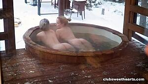 Petite Teens' Snowy Hot Tub 3some Anal Doggie Blowjobs and Tight Pussy Fucks