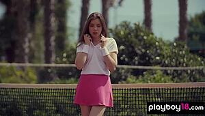 Kate Chromia's Tennis Court Strip Tease Reveals Ukrainian Pussy and Natural Tits Outdoors