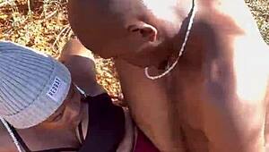 Ebony babe bends over outdoors for big cock creampie