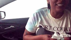 Ebony pornstar slut deepthroats gags on huge black cock balls and gets facefucked cum covered in public car