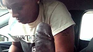 Ebony pornstar slut deepthroats gags on huge black cock balls and gets facefucked cum covered in public car