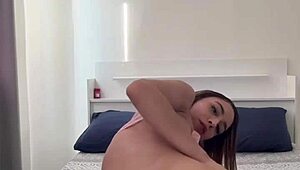 Blonde teen squirts huge on bed with giant toy pussy gush