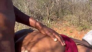 Ebony babe bends over outdoors for big cock creampie