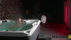 mature milf housewife in stockings satisfies young cock outdoors with her natural tits and pussy