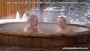 Petite Teens' Snowy Hot Tub 3some Anal Doggie Blowjobs and Tight Pussy Fucks