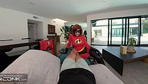 In VR conk parody Elastigirl's redhead bodybuilder rides monster cock anally in ripped Incredibles costume