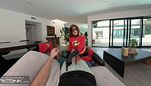 In VR conk parody Elastigirl's redhead bodybuilder rides monster cock anally in ripped Incredibles costume