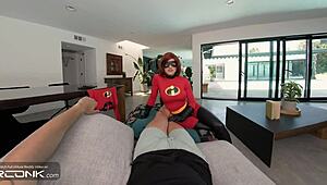In VR conk parody Elastigirl's redhead bodybuilder rides monster cock anally in ripped Incredibles costume