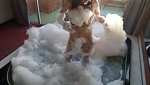 spy on busty big-ass latina milf brunette bathing then watch bisexual guy in lingerie fuck her pear-shaped anus deep with monster cock