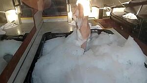 spy on busty big-ass latina milf brunette bathing then watch bisexual guy in lingerie fuck her pear-shaped anus deep with monster cock