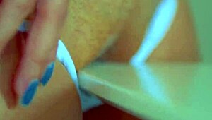 asian teen grinds her big ass on desk corner till creamy orgasm feels so fucking hot